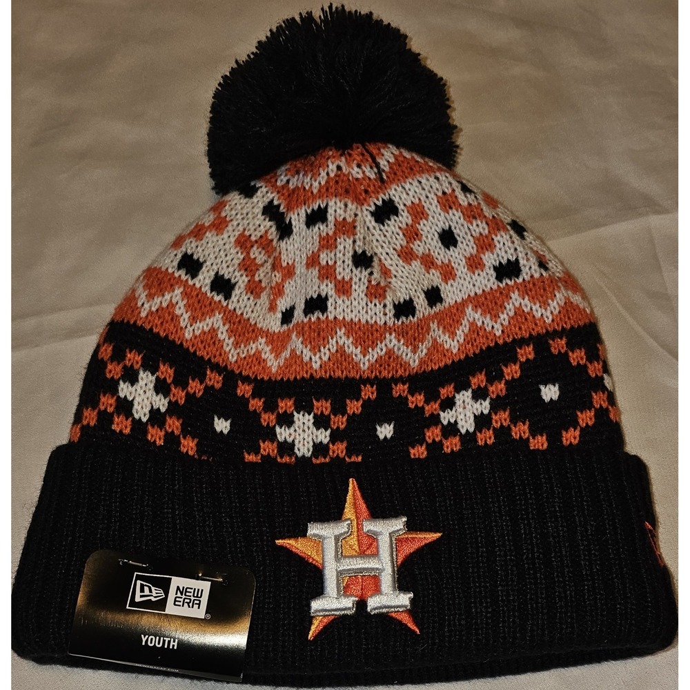 NWT NEW ERA Youth Beanie Houston Astros MLB Removable POM Black/Orange/White